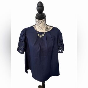 SHEIN Navy Short-Sleeve Blouse with Laser Cut Puff Sleeves